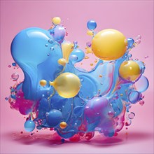 Abstract image with colorful yellow and turquoise blobs and liquid shapes on a pink background, AI