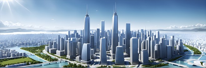 Three dimensional rendering of a model of a city with skyscrapers, AI generated