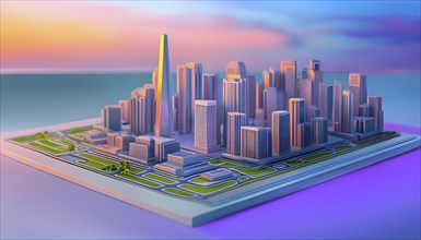 Three dimensional rendering of a model of a city with skyscrapers, AI generated