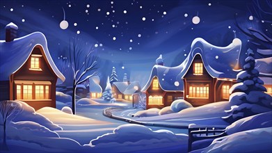 Cozy winter night scene with abstract forms representing a snow-covered village, AI generated