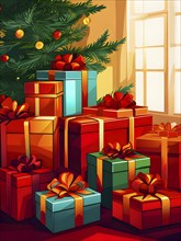 Abstract illustration of wrapped Christmas gifts, shiny ribbons and bows, stacked under a evergreen