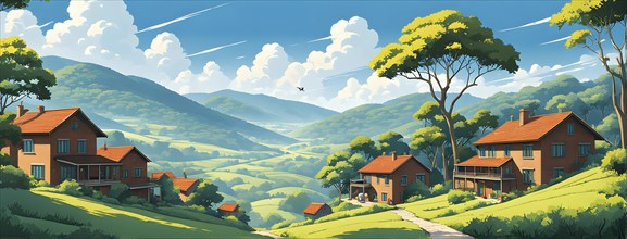 Landscape set in paper art style featuring houses tucked between verdant trees and rolling hills,