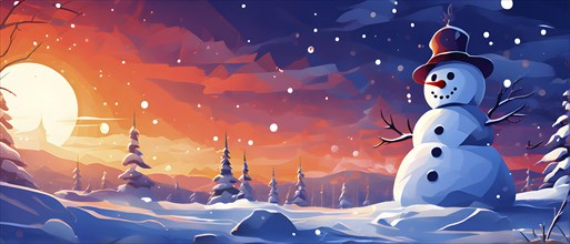 Abstract illustration of a snowman in an idyllic snowy winter landscape, hills and mountains and