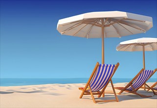 Three dimensional render of deck chair and beach umbrellas on deserted beach in summer, AI