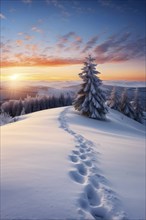 Footprints in fresh snow on a hill with a row of trees in winter in golden sunrise light, AI