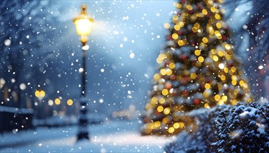 Christmas Eve with snowflakes fall under the light of a streetlamp with a decorated tree in the