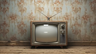 Old television in front of old rustic patterned wallpaper, AI generated