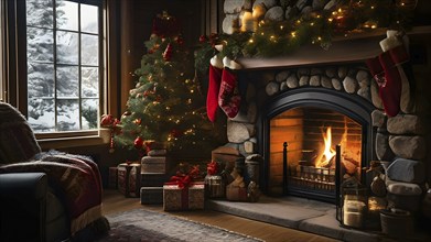 Traditional stone fireplace decorated for Christmas, with garlands, stockings, and candles, set in