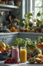 Smoothie surrounded by an assortment of fruits and vegetables, AI generated