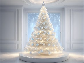 A three dimensional rendering of a futuristic Christmas tree made of glowing, semi-transparent