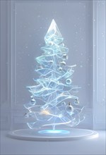 A three dimensional rendering of a futuristic Christmas tree made of glowing, semi-transparent