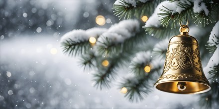 Vintage Christmas bell ornament hanging on a snow-dusted evergreen branch, capturing the intricate