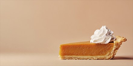 Banner with single slice of pumpkin pie with cream on beige background with copy space. Generative