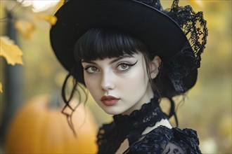 Beautiful young woman with black Halloween witch costume with hat with lace. Generative Ai, AI