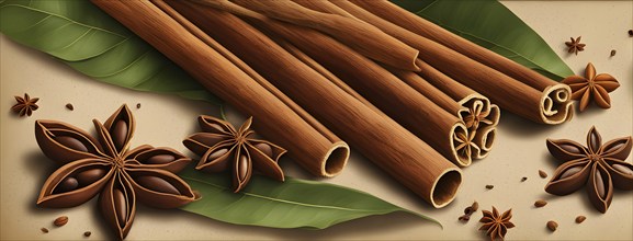 Abstract wallpaper illustration of Christmas spices like cinnamon sticks, star anise, and cloves,