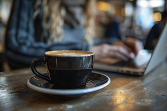 Black cup of coffee on table next to woman working on laptop in restaurant. Generative Ai, AI