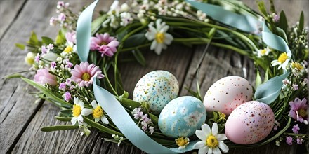 Spring wreath with pastel ribbons, speckled eggs, and blooming flowers, hanging on a wooden