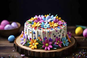 Decorated Easter cake with intricate icing flowers and colorful sprinkles, placed on a rustic