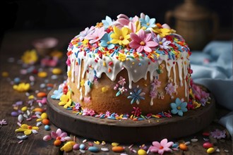 Decorated Easter cake with intricate icing flowers and colorful sprinkles, placed on a rustic