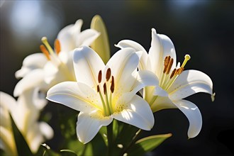 Blooming Easter lilies with soft white petals and a yellow center, bathed in gentle sunlight, AI