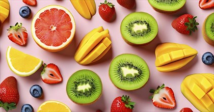 Colorful and artfully arranged slices of fruits like mangoes, strawberries, and kiwi, AI generated