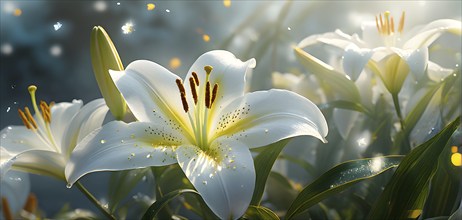 Blooming Easter lilies with soft white petals and a yellow center, bathed in gentle sunlight, AI