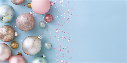 Christmas flatlay with blue and pink colored tree baubles on pastel background with copy space.