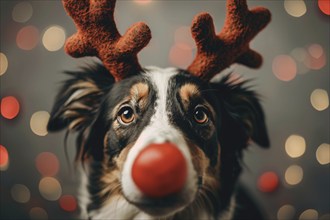 Dog with funny red nose and reindeer costume antlers. Generative Ai, AI generated