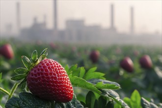 Agricultural field with strawberry fruits and factory with grey fumes in blurry background.