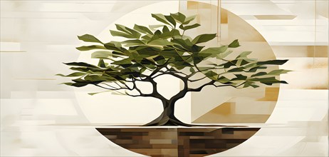 Abstract geometric tree with a circular canopy and a rectangular trunk, arranged in a clean,