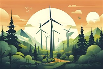 Abstract illustration of a forest with tall, geometric trees made of wind turbine blades, merging