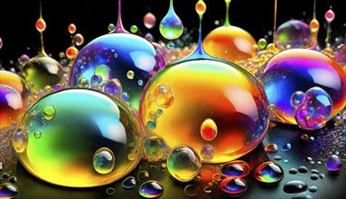 Colourful iridescent plastic drops and bubbles filled with oily liquids, 3D, digital art, AI