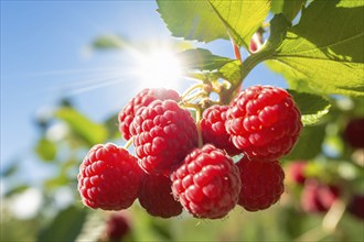 Fresh raspberry fruits growing on bush with blue sky and sunlight in background. KI generiert,