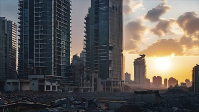 Contrast of modern skyscrapers looming over an ancient abandoned district, AI generated