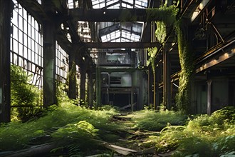 Abandoned factory vines embracing rusted skeletons of machinery whisper of bygone industrial era,