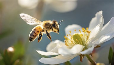 Animals, Symbol, Bee, Honey bee flies towards a flower, Apis mellifera, AI-generated, AI generated