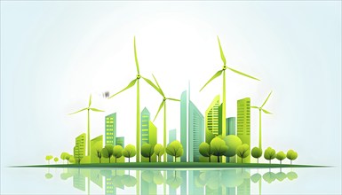 Abstract visual illustration of a city skyline where buildings morph into wind turbines and trees,