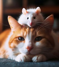 Pet, animal friendship, a white rat sits on the head of a cat, AI generated, AI generated