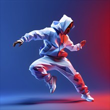 Olympic breakdancer transformed into fluid abstract shapes french tricolor blue white red, AI