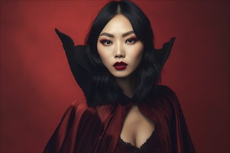 Young Asian woman dressed up with vampire costume on red studio background. KI generiert,