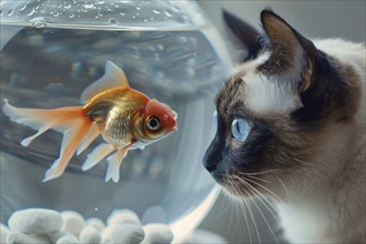 Close up of Siamese cat watching goldfish in fish bowl. KI generiert, generiert, AI generated