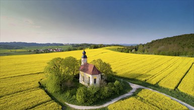 Agriculture, rape field, in full bloom, yellow, in it a small prayer chapel, aerial view, AI