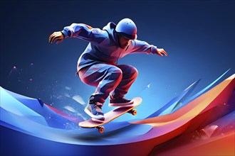 Skateboarder in dynamic jump abstracted into fluid shapes that capture elegance and dynamic in