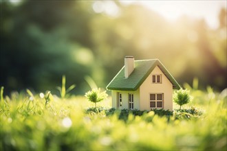 Small green ECO friendly house model in grass. KI generiert, generiert, AI generated