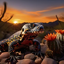 Gila monster with characteristic black and orange patterns camouflaged amongst sonoran desert