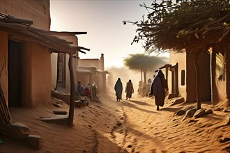 Village with traditional mud houses nestled in the thar desert, AI generated