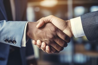 Handschake closeup. African american and caucasian men shaking hands. KI generiert, generiert AI