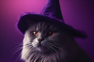 Cat with purple Halloween witch hat. KI generiert, generiert AI generated