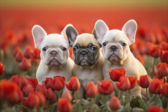 Three French Bulldog dog puppies in field of red tulip spring flowers. KI generiert, generiert AI