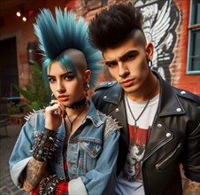 A punk woman with a punk hairstyle, mohawk and tattoo and a young man in leather clothing, symbolic